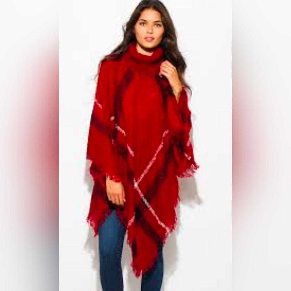 Sylvia Alexander Turtleneck sweater Poncho Top red black fringe One size fits mo
